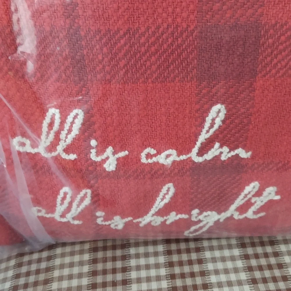 All Is Calm All Is Bright Red Plaid Christmas Pillow 18